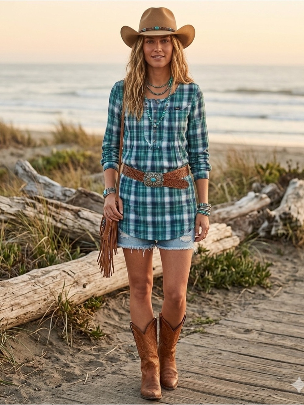 Lee Teal and Navy Plaid Henley Tunic
